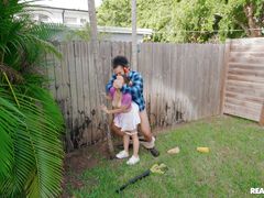 petite brunette in a tiny skirt fucked outdoors
