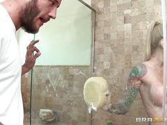 blonde tattooed milf taking soapy shower